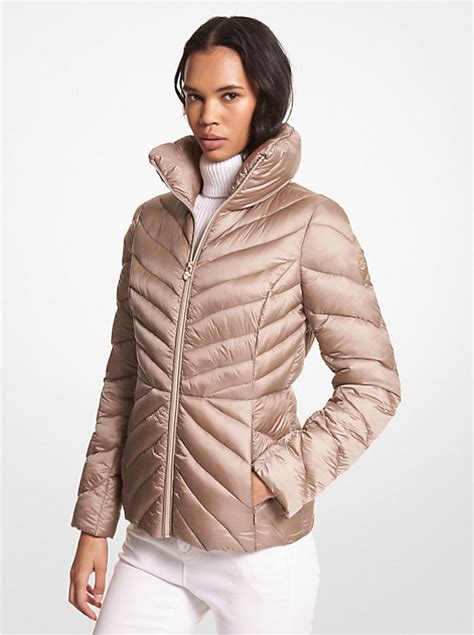 michael kors packable puffer smoke|Michael Kors shiny puffer jacket.